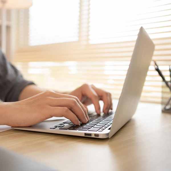 Eine Person tippt auf der Tastatur eines Laptops, während sie an einem Schreibtisch mit natürlichem Licht und horizontalen Jalousien arbeitet. Neben dem Laptop steht ein Behälter mit Stiften und eine kleine Pflanze.