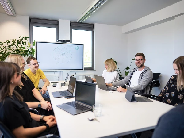 Eine Gruppe von sechs Personen sitzt an einem Tisch in einem modernen Besprechungsraum, während sie an Laptops arbeiten. An der Wand steht ein Whiteboard mit Zeichnungen, und eine Pflanze ist im Hintergrund sichtbar. Alle Teilnehmer wirken engagiert und kommunizieren miteinander.