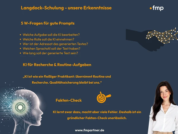 Eine Grafik zu einer Langdock-Schulung, die die 5 W-Fragen für gute Prompts sowie Informationen zur Nutzung von KI für Recherche und Routine-Aufgaben darstellt. Auf der rechten Seite befindet sich eine Person mit dunklem Haar und einem freundlichen Ausdruck. Der Text enthält auch einen Hinweis auf den Qualitätsanspruch der KI und den Link zur Website von fmp.