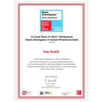 Das Bild zeigt ein Zertifikat mit dem Titel "Bester Arbeitgeber im Wettbewerb 2024". Es ist mit einem roten Rahmen umgeben und trägt das Logo des Wettbewerbs sowie den Namen "fmp GmbH". In der unteren Hälfte befindet sich eine Unterschrift.