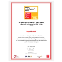 Urkunde für die Auszeichnung "Great Place to Work 2026" für die Firma fmp GmbH, mit detaillierten Informationen zum Wettbewerb und Unterschriften von Verantwortlichen.