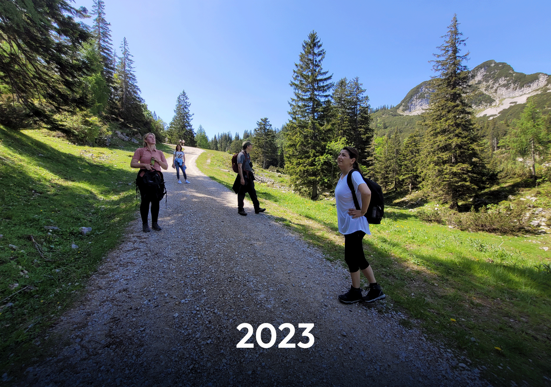Fünf Personen stehen auf einem Schotterweg in einer bewaldeten Gebirgslandschaft, umgeben von grünen Bäumen und Bergen. Am unteren Bildrand ist die Jahreszahl „2023“ in großer Schrift zu sehen.