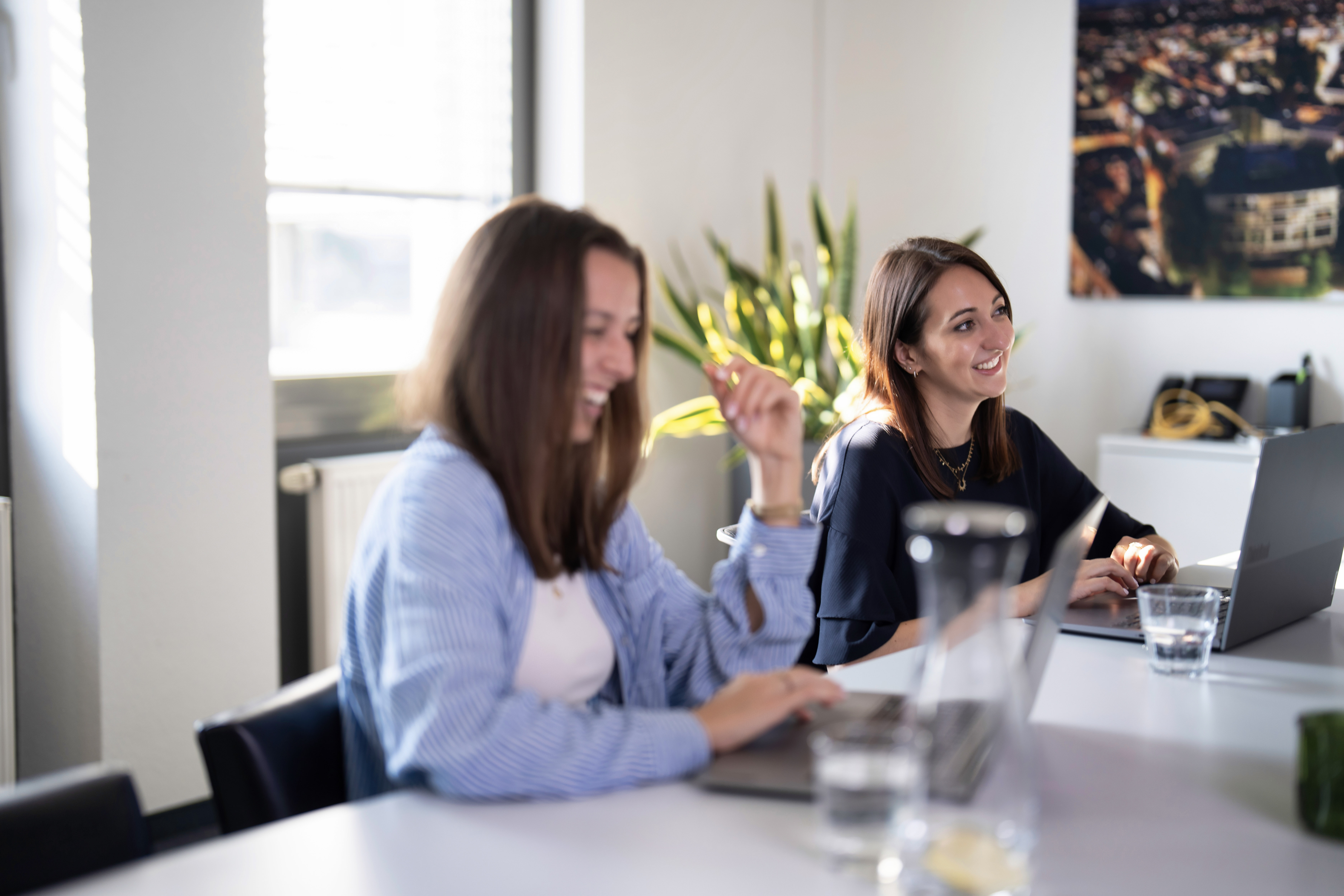 Zwei Frauen sitzen an einem Tisch, lächeln und arbeiten an ihren Laptops in einem hellen Büro mit Pflanzen im Hintergrund.