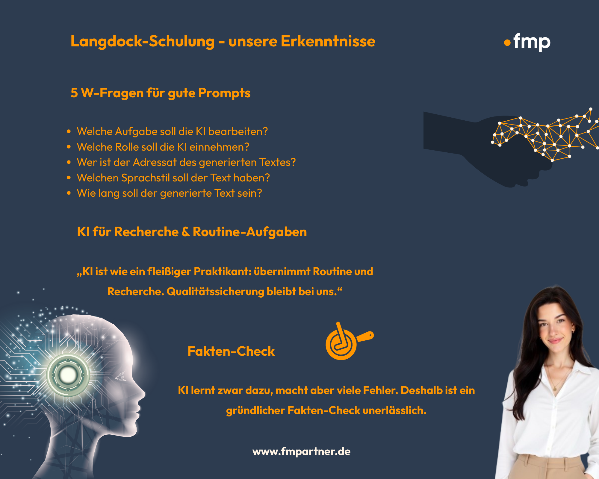 Eine Grafik zu einer Langdock-Schulung, die die 5 W-Fragen für gute Prompts sowie Informationen zur Nutzung von KI für Recherche und Routine-Aufgaben darstellt. Auf der rechten Seite befindet sich eine Person mit dunklem Haar und einem freundlichen Ausdruck. Der Text enthält auch einen Hinweis auf den Qualitätsanspruch der KI und den Link zur Website von fmp.